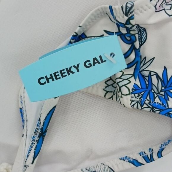 Cupshe Bikini Blue White Floral Palm Tropical Cheeky Gal Halter Womens Size 2XL - Picture 5 of 6
